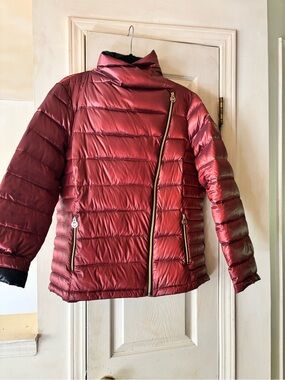 Michael Kors Shiny Burgundy Asymmetrical Quilted  Packable Down Puffer Jacket